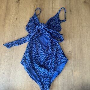 Aerie One Piece Wrap Swimsuit Blue Leopard Print American Eagle Size Small Long